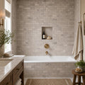 Silver 2x4 Subway Honed Travertine Mosaic Tile — Bathroom tub surround