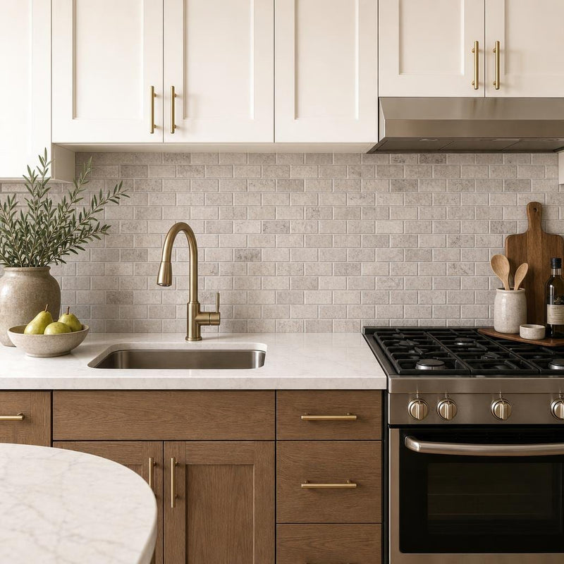 Silver 2x4 Subway Honed Travertine Mosaic Tile — Kitchen backsplash