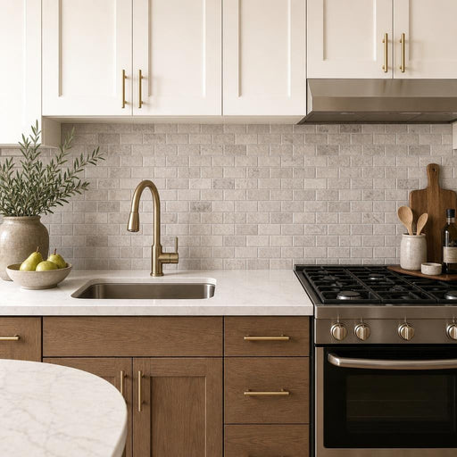 Silver 2x4 Subway Honed Travertine Mosaic Tile — Kitchen backsplash