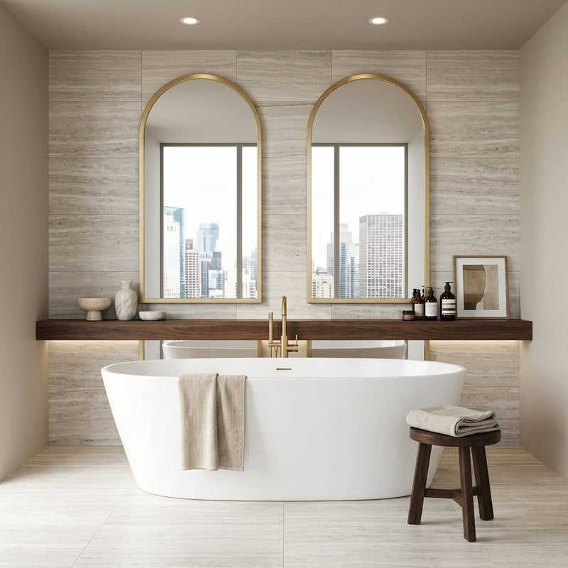 Silver Beige 16x24x3/8 Natural Stone Honed Vein Cut Travertine Tile — Bathroom shower wall