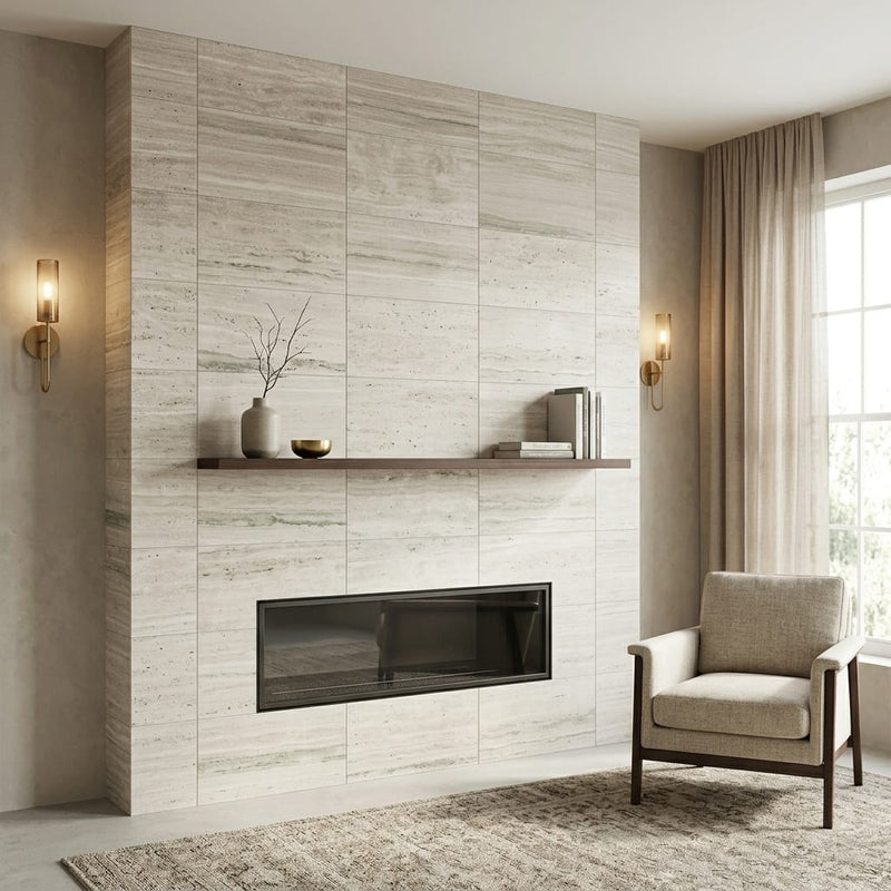 Silver Beige 16x24x3/8 Natural Stone Honed Vein Cut Travertine Tile — Living Room fireplace surround