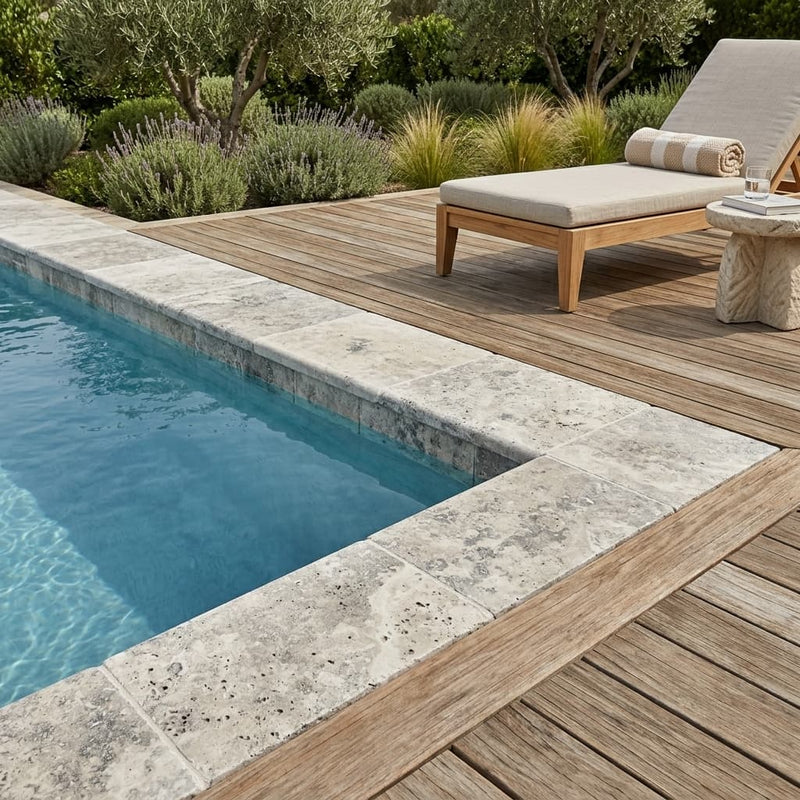 Silver Cream 12x24 Bullnosed Edge 5cm Tumbled Travertine Pool Coping — Swimming Pool pool edge drop-face coping