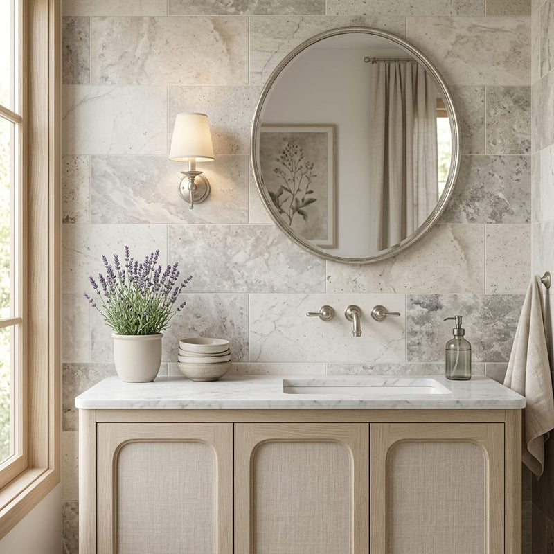 Silver Cream 12x24 Filled & Honed Limestone Tile — Bathroom vanity wall
