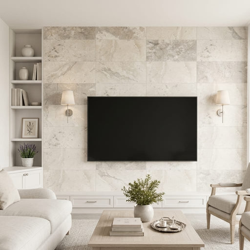Silver Cream 12x24 Filled & Honed Limestone Tile — Living Room feature wall