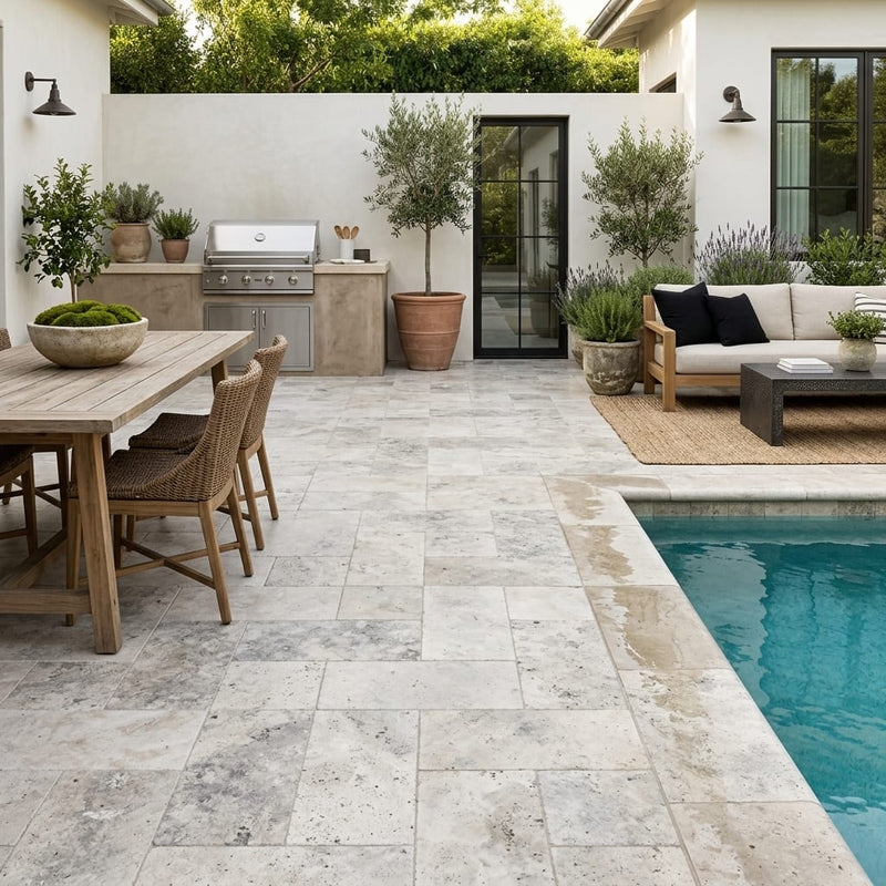 Silver Cream 16x24 Pool Coping Bullnosed Edge 5cm Tumbled Travertine Paver — Backyard patio