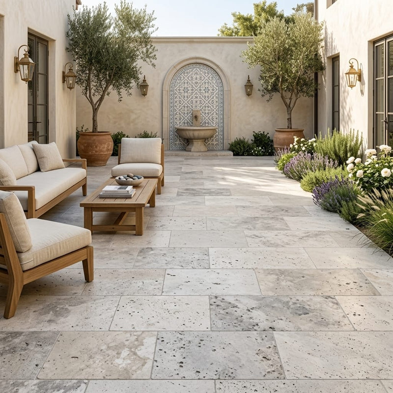 Silver Cream 16x24 Pool Coping Bullnosed Edge 5cm Tumbled Travertine Paver — Courtyard paving