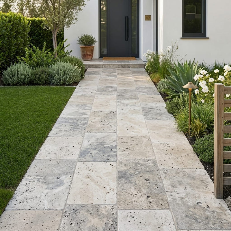 Silver Cream 16x24 Pool Coping Bullnosed Edge 5cm Tumbled Travertine Paver — Front Yard walkway