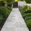 Silver Cream 16x24 Pool Coping Bullnosed Edge 5cm Tumbled Travertine Paver — Garden path