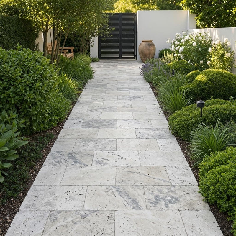 Silver Cream 16x24 Pool Coping Bullnosed Edge 5cm Tumbled Travertine Paver — Garden path