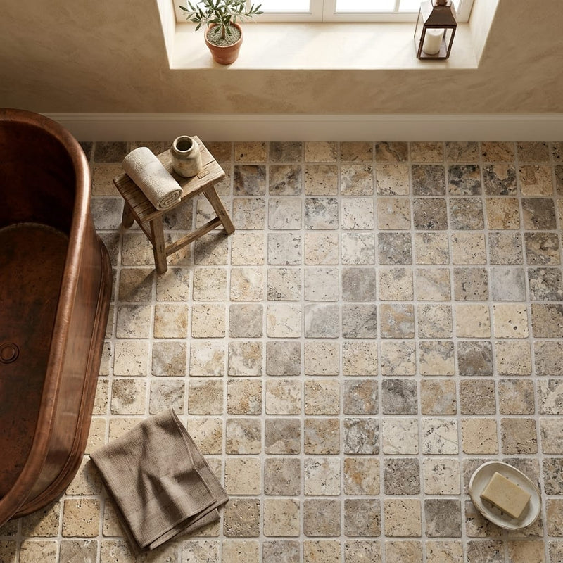 Silver (Pewter Blend) Travertine 1x1 Tumbled Travertine Mosaic — Bathroom floor