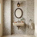 Silver (Pewter Blend) Travertine 1x1 Tumbled Travertine Mosaic — Powder Room wall