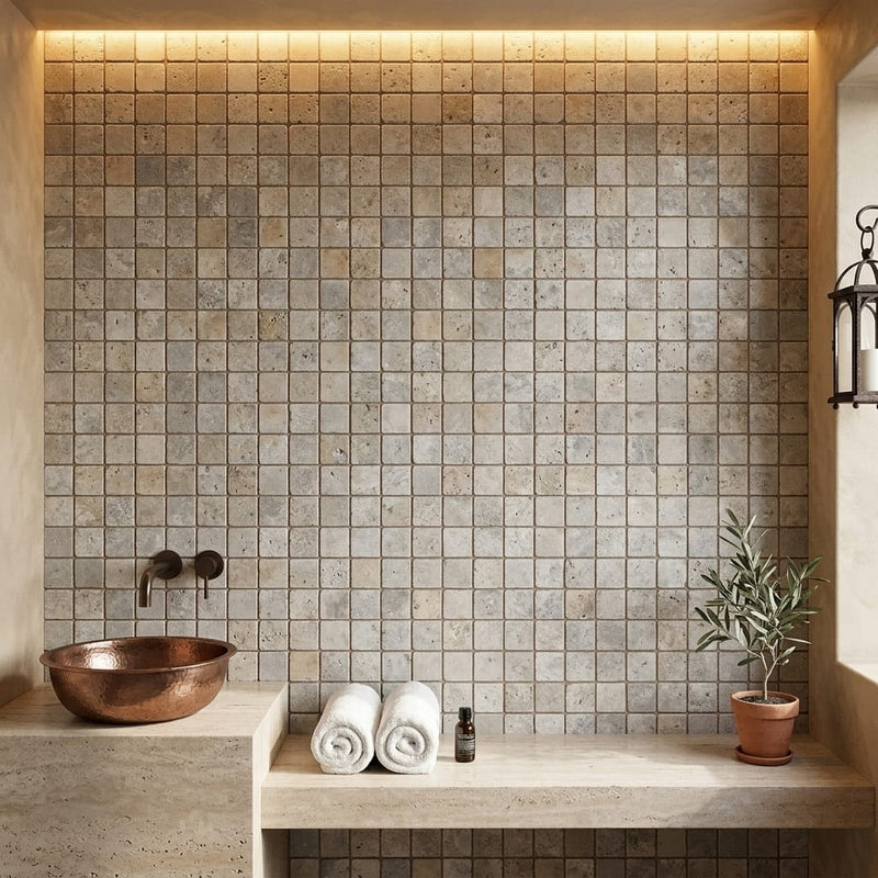 Silver (Pewter Blend) Travertine 1x1 Tumbled Travertine Mosaic — Spa spa interior