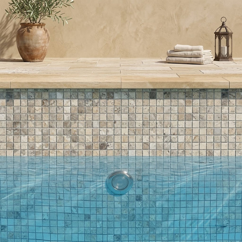 Silver (Pewter Blend) Travertine 1x1 Tumbled Travertine Mosaic — Swimming Pool pool interior tiling