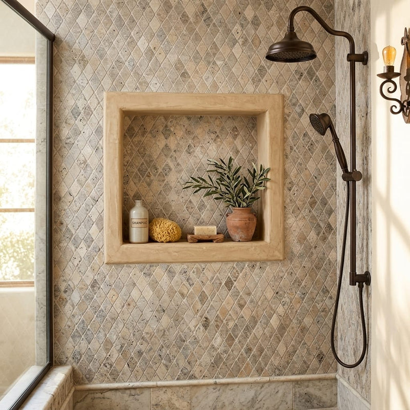Silver (Pewter Blend) Travertine 1x2 Tumbled Travertine Diamond / Rhomboid Mosaic — Bathroom shower wall