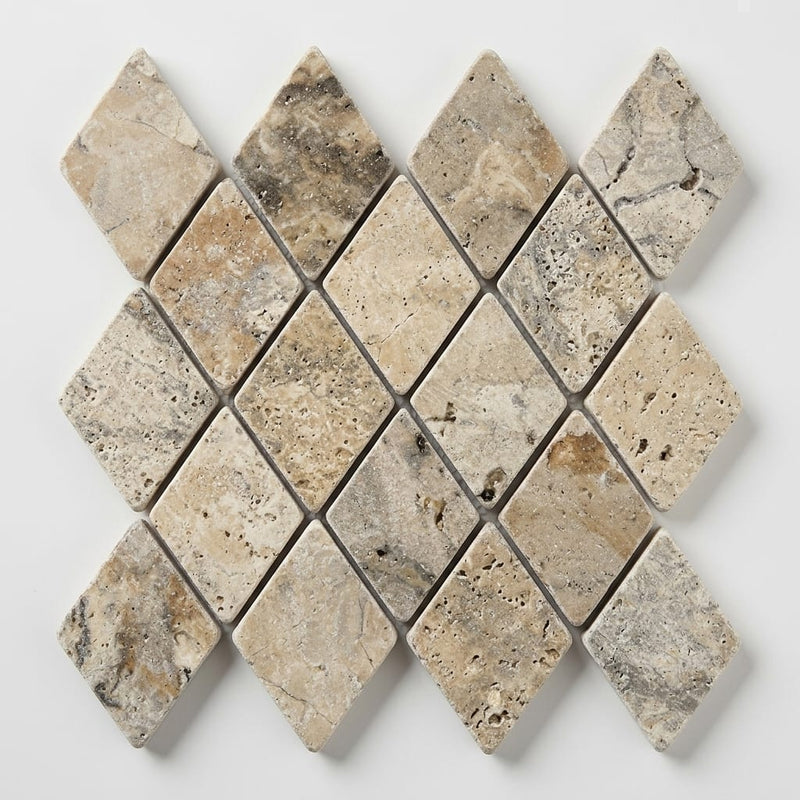 Silver (Pewter Blend) Travertine 1x2 Tumbled Travertine Diamond / Rhomboid Mosaic close-up