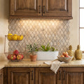 Silver (Pewter Blend) Travertine 1x2 Tumbled Travertine Diamond / Rhomboid Mosaic — Kitchen backsplash
