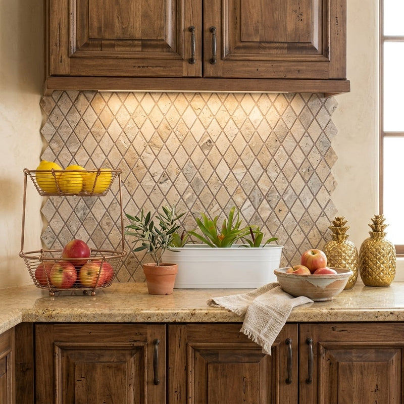 Silver (Pewter Blend) Travertine 1x2 Tumbled Travertine Diamond / Rhomboid Mosaic — Kitchen backsplash