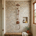 Silver (Pewter Blend) Travertine 1x2 Tumbled Travertine Herringbone Mosaic — Bathroom shower wall