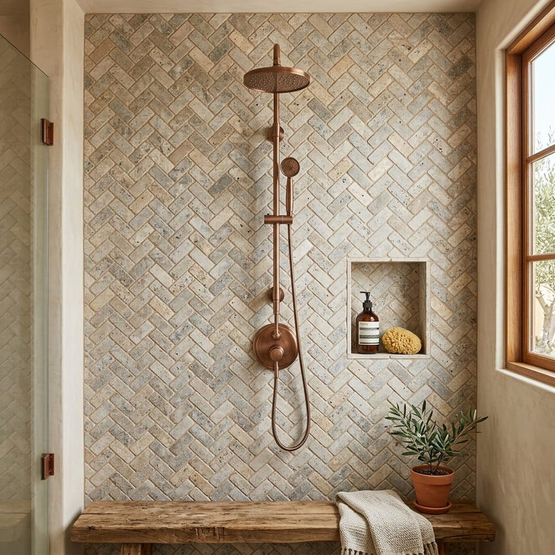 Silver (Pewter Blend) Travertine 1x2 Tumbled Travertine Herringbone Mosaic — Bathroom shower wall