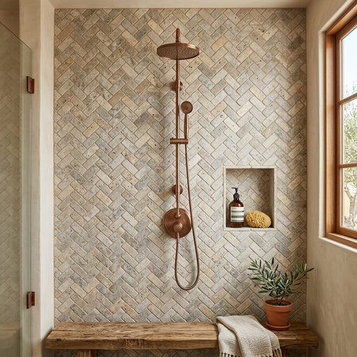 Silver (Pewter Blend) Travertine 1x2 Tumbled Travertine Herringbone Mosaic — Bathroom shower wall
