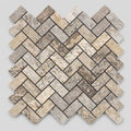 Silver (Pewter Blend) Travertine 1x2 Tumbled Travertine Herringbone Mosaic close-up