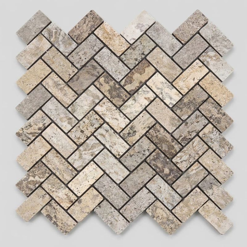Silver (Pewter Blend) Travertine 1x2 Tumbled Travertine Herringbone Mosaic close-up