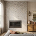 Silver (Pewter Blend) Travertine 1x2 Tumbled Travertine Herringbone Mosaic — Living Room accent wall