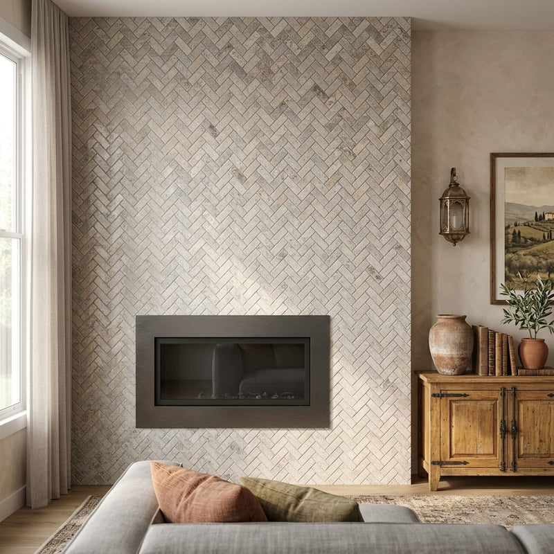 Silver (Pewter Blend) Travertine 1x2 Tumbled Travertine Herringbone Mosaic — Living Room accent wall