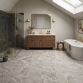 Silver (Pewter Blend) Travertine 12x12 Filled & Honed Travertine Tile — Bathroom floor