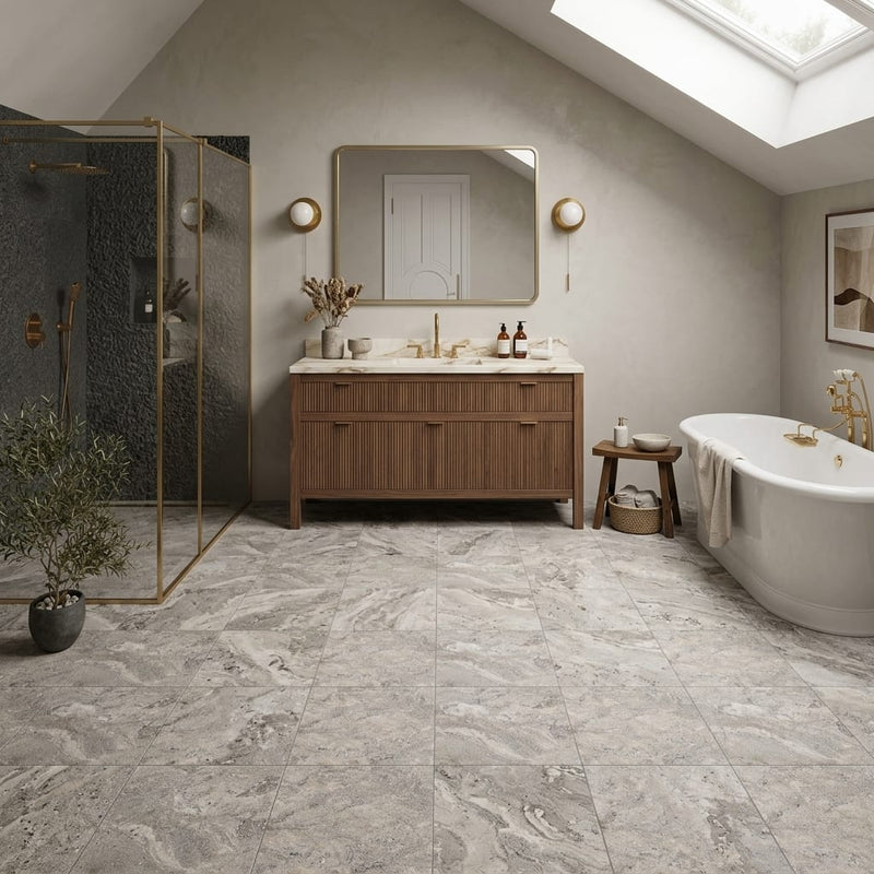 Silver (Pewter Blend) Travertine 12x12 Filled & Honed Travertine Tile — Bathroom floor