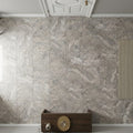 Silver (Pewter Blend) Travertine 12x12 Filled & Honed Travertine Tile — Hallway floor