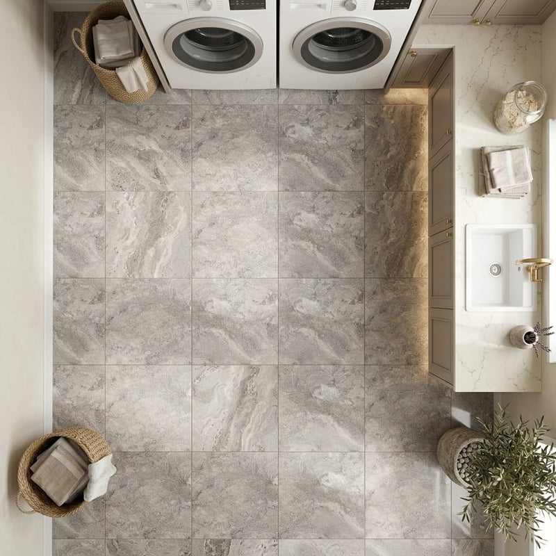 Silver (Pewter Blend) Travertine 12x12 Filled & Honed Travertine Tile — Laundry Room floor