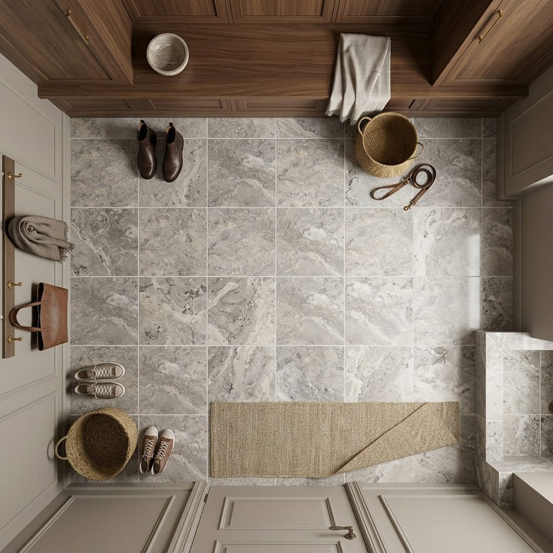 Silver (Pewter Blend) Travertine 12x12 Filled & Honed Travertine Tile — Mudroom floor