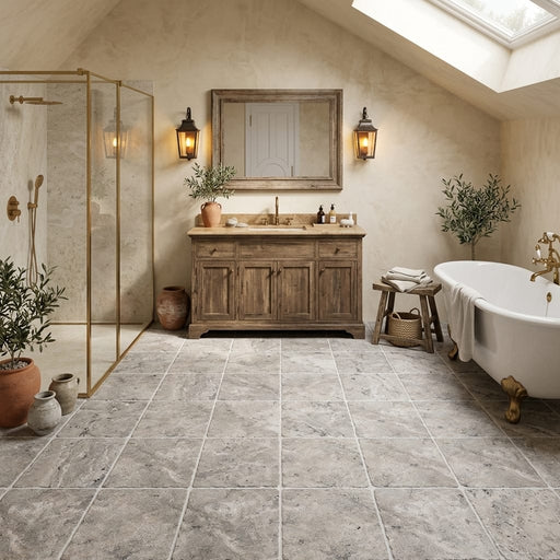 Silver (Pewter Blend) Travertine 12x12 Tumbled Travertine Tile — Bathroom floor