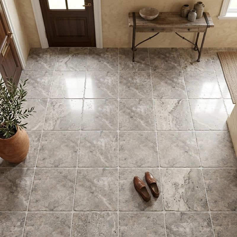 Silver (Pewter Blend) Travertine 12x12 Tumbled Travertine Tile — Foyer floor