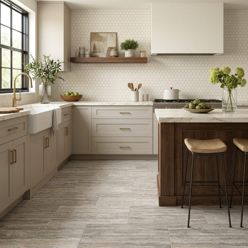 Silver (Pewter Blend) Travertine 12x24 Filled & Honed Travertine Tile — Kitchen floor