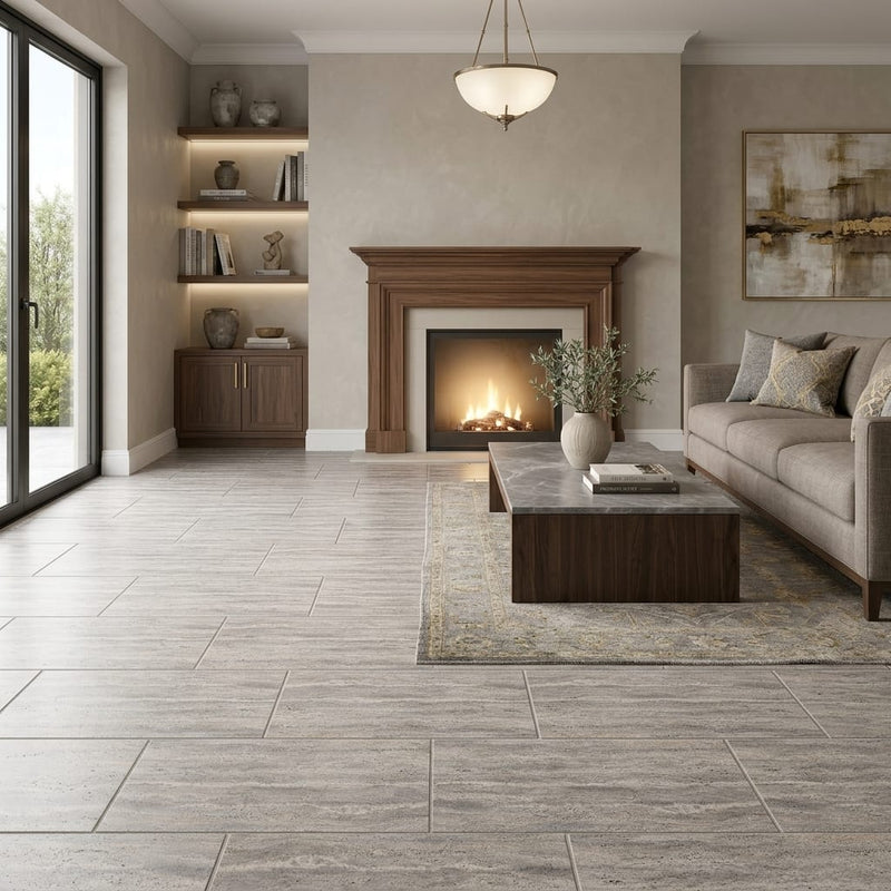 Silver (Pewter Blend) Travertine 12x24 Filled & Honed Travertine Tile — Living Room floor