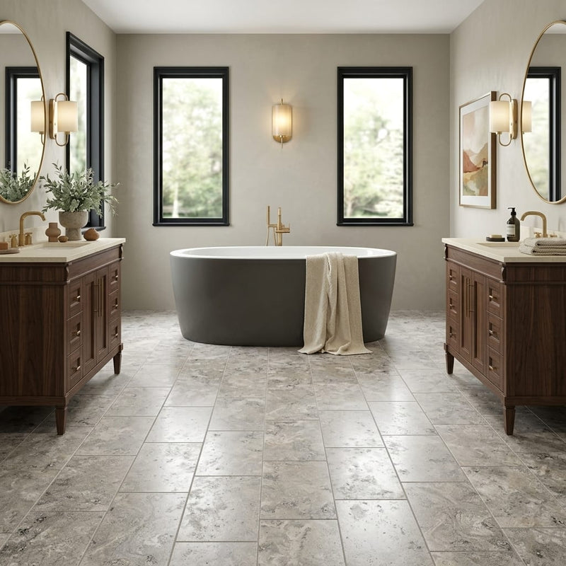 Silver (Pewter Blend) Travertine 12x24 Filled & Honed Travertine Tile — Bathroom floor