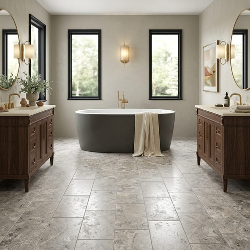 Silver (Pewter Blend) Travertine 12x24 Filled & Honed Travertine Tile — Bathroom floor