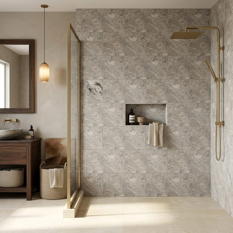 Silver (Pewter Blend) Travertine 12x24 Filled & Honed Travertine Tile — Bathroom shower wall