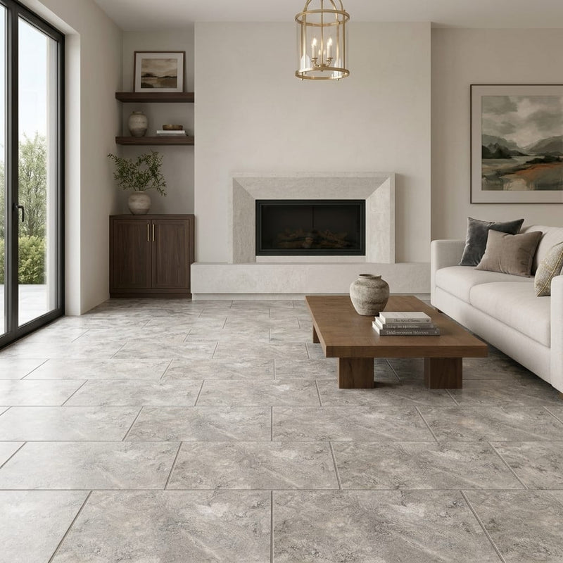 Silver (Pewter Blend) Travertine 12x24 Filled & Honed Travertine Tile — Living Room floor