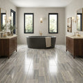 Silver (Pewter Blend) Travertine 12x24 Filled & Polished Travertine Tile — Bathroom floor