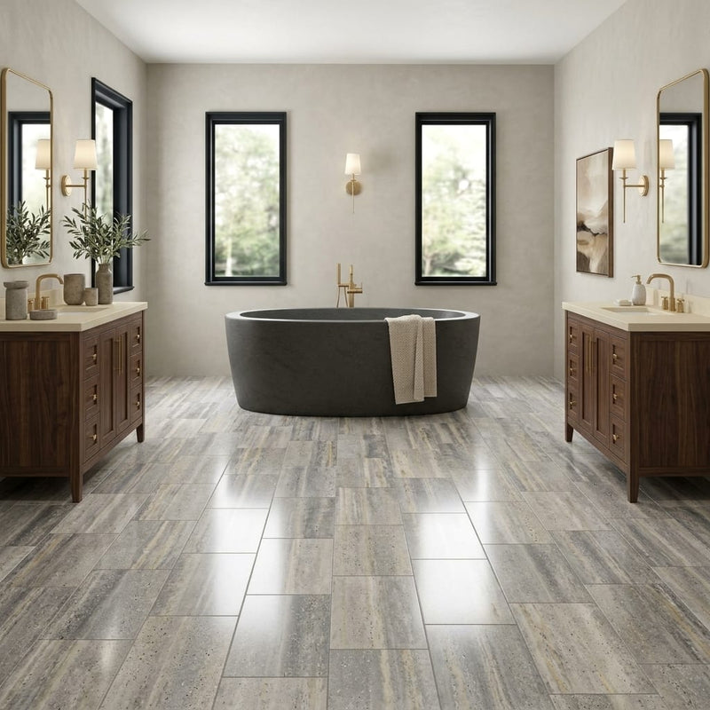 Silver (Pewter Blend) Travertine 12x24 Filled & Polished Travertine Tile — Bathroom floor