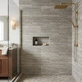 Silver (Pewter Blend) Travertine 12x24 Filled & Polished Travertine Tile — Bathroom shower wall