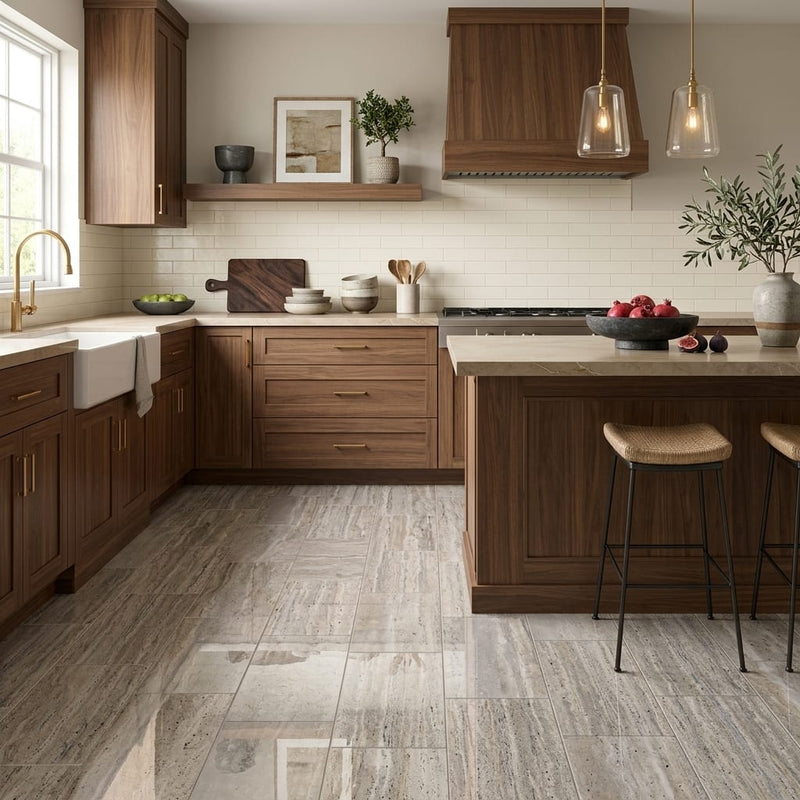 Silver (Pewter Blend) Travertine 12x24 Filled & Polished Travertine Tile — Kitchen floor