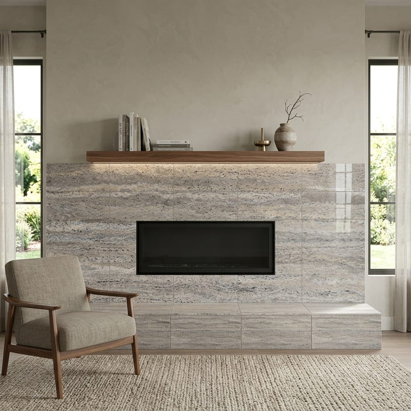 Silver (Pewter Blend) Travertine 12x24 Filled & Polished Travertine Tile — Living Room fireplace surround