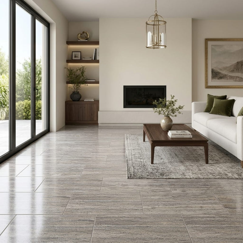Silver (Pewter Blend) Travertine 12x24 Filled & Polished Travertine Tile — Living Room floor