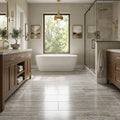 Silver (Pewter Blend) Travertine 12x24 Filled & Polished Travertine Tile — Primary Bath floor