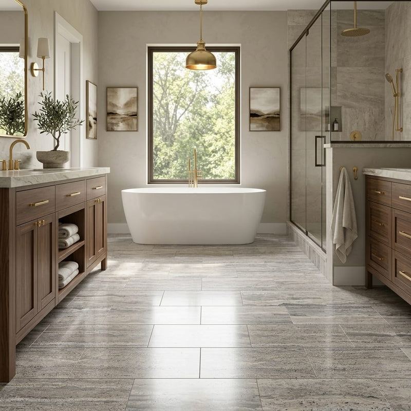 Silver (Pewter Blend) Travertine 12x24 Filled & Polished Travertine Tile — Primary Bath floor