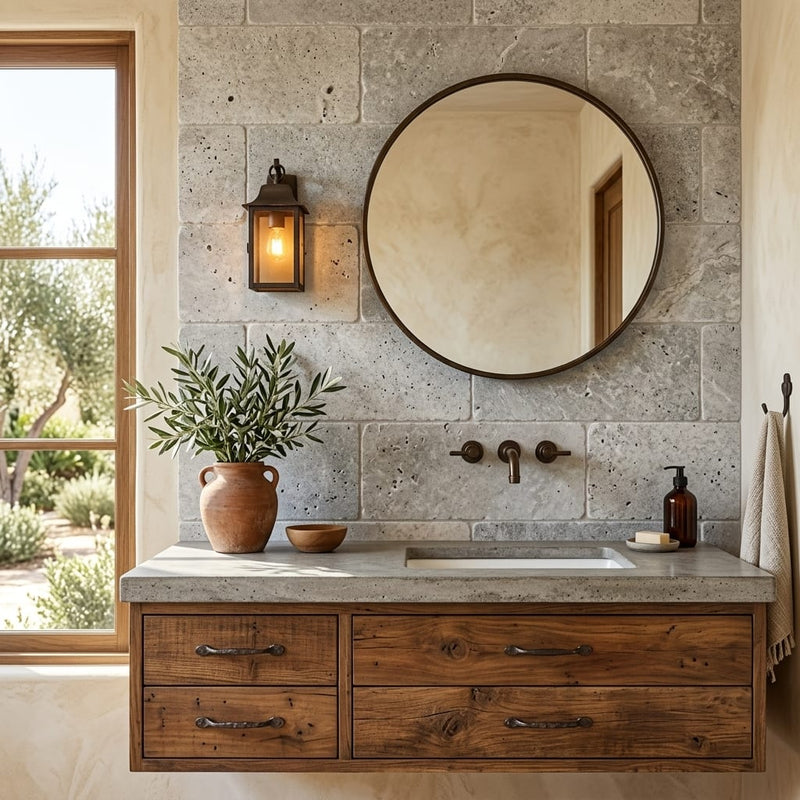 Silver (Pewter Blend) Travertine 12x24 Tumbled Travertine tile — Bathroom vanity wall